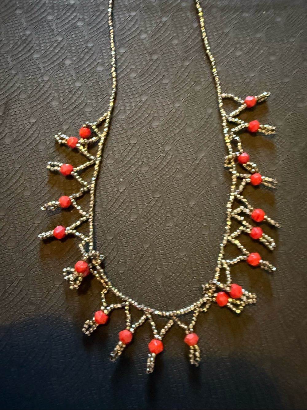 Handmade Black & Red Beaded Fringe Necklace 9